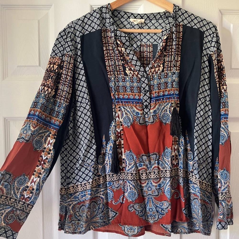 Tribal Black and Blue Boxy Blouse with Mandarin Collar